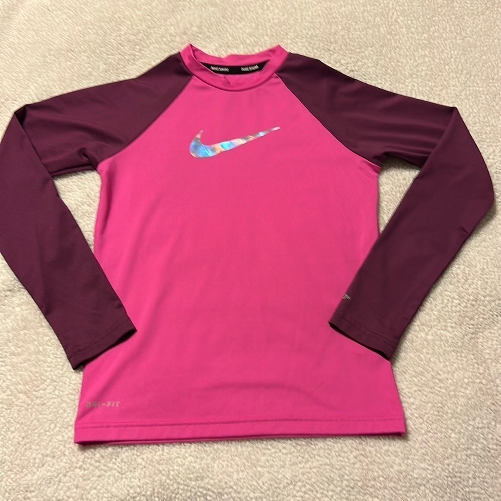 Nike Swim Flash Colorblocked Hydroguard Rash Guard Swimsuit Top Pink